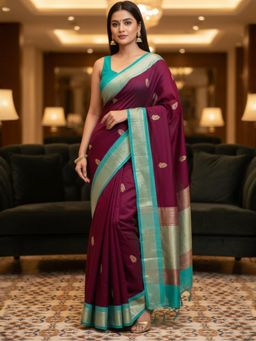 A S CREATION - Women Maroon Cotton Silk Kanchipuram with Elegant Traditional Design Saree