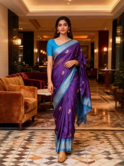 A S CREATION - Women Purple Cotton Silk Kanchipuram with Elegant Traditional Design Saree
