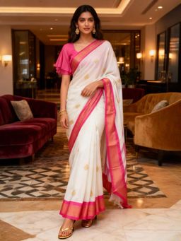 A S CREATION - Women White Cotton Silk Kanchipuram with Elegant Traditional Design Saree