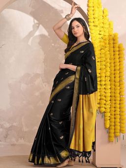 A S CREATION - Women Black Cotton Silk Kanchipuram with Elegant Traditional Design Saree