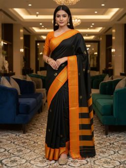 A S CREATION - Women Black Cotton Silk Kanchipuram with Elegant Traditional Design Saree