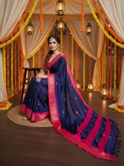 A S CREATION - Women Navy Blue Cotton Silk Kanchipuram with Elegant Traditional Design Saree