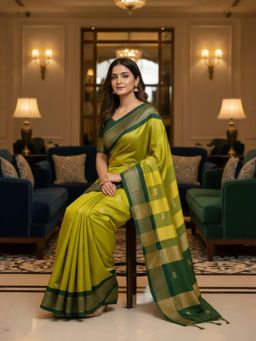 A S CREATION - Women Mustard Cotton Silk Kanchipuram with Elegant Traditional Design Saree