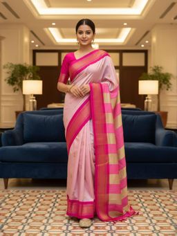 A S CREATION - Women Pink Cotton Silk Kanchipuram with Elegant Traditional Design Saree