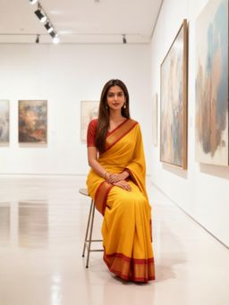 A S CREATION - Women Mustard Cotton Silk Kanchipuram with Elegant Traditional Design Saree