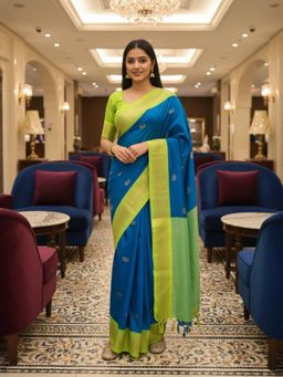 A S CREATION - Women Blue Cotton Silk Kanchipuram with Elegant Traditional Design Saree