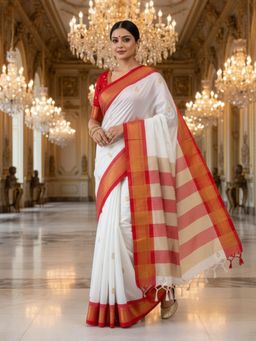 A S CREATION - Women White Cotton Silk Kanchipuram with Elegant Traditional Design Saree
