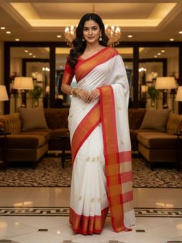 A S CREATION - Women White Cotton Silk Kanchipuram with Elegant Traditional Design Saree