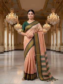 A S CREATION - Women Peach Cotton Silk Kanchipuram with Elegant Traditional Design Saree
