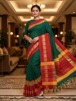 A S CREATION - Women Maroon Cotton Silk Kanchipuram with Elegant Traditional Design Saree