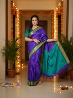 A S CREATION - Women Purple Cotton Silk Kanchipuram with Elegant Traditional Design Saree
