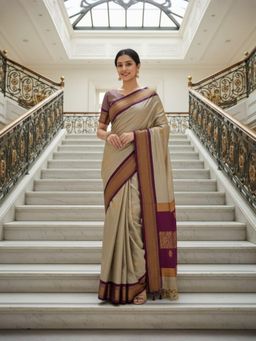A S CREATION - Women Beige Cotton Silk Kanchipuram with Elegant Traditional Design Saree