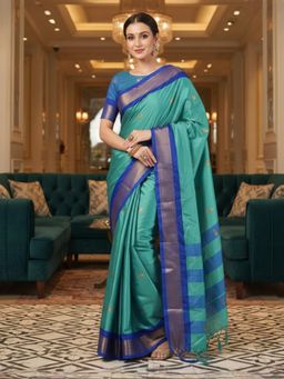 A S CREATION - Women Blue Cotton Silk Kanchipuram with Elegant Traditional Design Saree