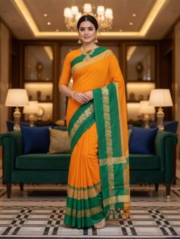 A S CREATION - Women Orange Cotton Silk Kanchipuram with Elegant Traditional Design Saree