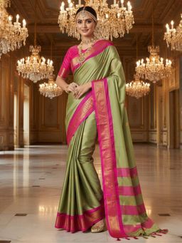 A S CREATION - Women Olive Cotton Silk Kanchipuram with Elegant Traditional Design Saree