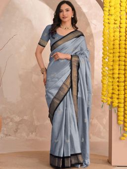 A S CREATION - Women Grey Cotton Silk Kanchipuram with Elegant Traditional Design Saree