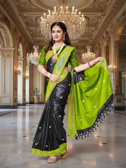 A S CREATION - Women Black Cotton Silk Kanchipuram with Elegant Traditional Design Saree