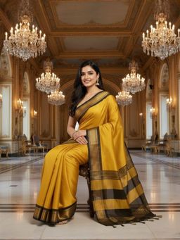 A S CREATION - Women Mustard Cotton Silk Kanchipuram with Elegant Traditional Design Saree