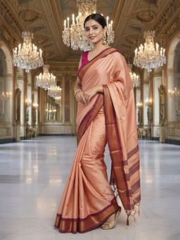 A S CREATION - Women Peach Cotton Silk Kanchipuram with Elegant Traditional Design Saree