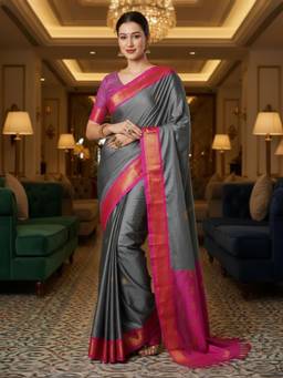 A S CREATION - Women Grey Cotton Silk Kanchipuram with Elegant Traditional Design Saree