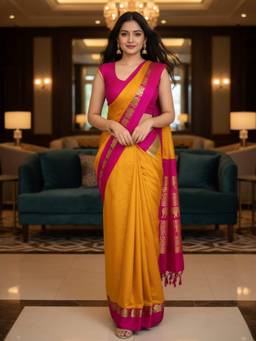 A S CREATION - Women Mustard Cotton Silk Kanchipuram with Elegant Traditional Design Saree