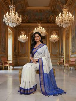A S CREATION - Women White Cotton Silk Kanchipuram with Elegant Traditional Design Saree