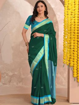 A S CREATION - Women Green Cotton Silk Dark Green Kanchipuram with Elegant Traditional Design Saree