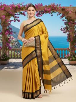 A S CREATION - Women Mustard Cotton Silk Kanchipuram with Elegant Traditional Design Saree