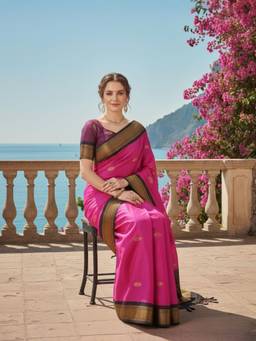 A S CREATION - Women Pink Cotton Silk Kanchipuram with Elegant Traditional Design Saree