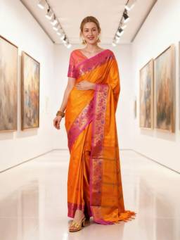 A S CREATION - Women Orange Cotton Silk Kanchipuram with Elegant Traditional Design Saree