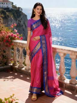 A S CREATION - Women Pink Cotton Silk Kanchipuram with Elegant Traditional Design Saree