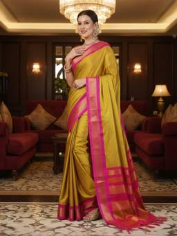 A S CREATION - Women Mustard Cotton Silk Kanchipuram with Elegant Traditional Design Saree