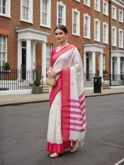 A S CREATION - Women White Cotton Silk Kanchipuram with Elegant Traditional Design Saree