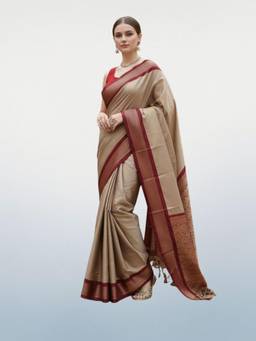 A S CREATION - Women Beige Cotton Silk Kanchipuram with Elegant Traditional Design Saree
