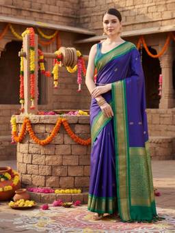 A S CREATION - Women Purple Cotton Silk Kanchipuram with Elegant Traditional Design Saree