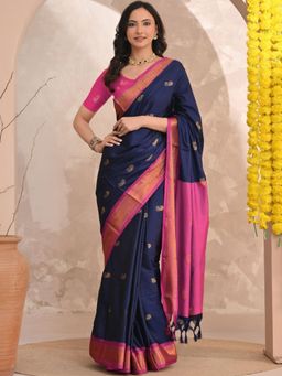 A S CREATION - Women Navy Blue Cotton Silk Kanchipuram with Elegant Traditional Design Saree