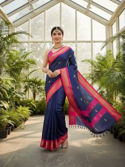 A S CREATION - Women Navy Blue Cotton Silk Kanchipuram with Elegant Traditional Design Saree