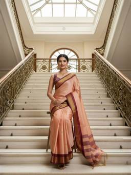 A S CREATION - Women Peach Cotton Silk Kanchipuram with Elegant Traditional Design Saree
