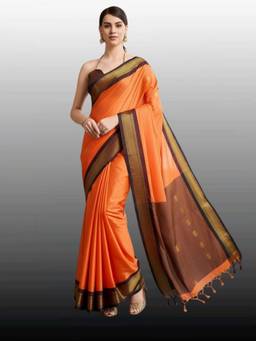 A S CREATION - Women Orange Cotton Silk Kanchipuram with Elegant Traditional Design Saree