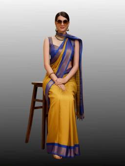 A S CREATION - Women Mustard Cotton Silk Kanchipuram with Elegant Traditional Design Saree