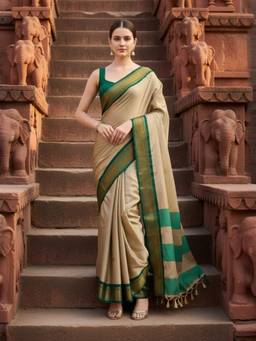 A S CREATION - Women Beige Cotton Silk Kanchipuram with Elegant Traditional Design Saree