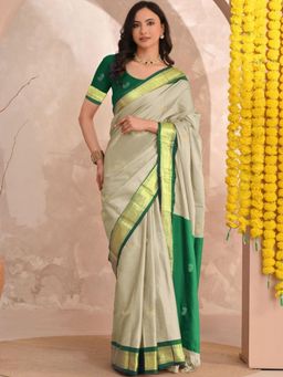 A S CREATION - Women Beige Cotton Silk Kanchipuram with Elegant Traditional Design Saree