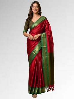 A S CREATION - Women Maroon Cotton Silk Kanchipuram with Elegant Traditional Design Saree
