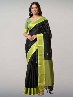 A S CREATION - Women Black Cotton Silk Kanchipuram with Elegant Traditional Design Saree