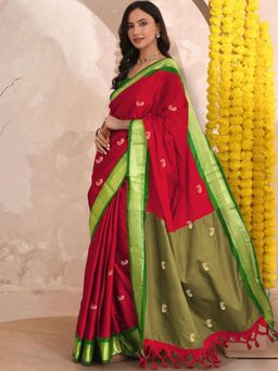 A S CREATION - Women Red Cotton Silk Kanchipuram with Elegant Traditional Design Saree