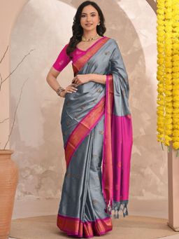 A S CREATION - Women Grey Cotton Silk Kanchipuram with Elegant Traditional Design Saree