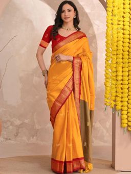 A S CREATION - Women Mustard Cotton Silk Kanchipuram with Elegant Traditional Design Saree