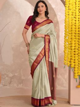A S CREATION - Women Olive Cotton Silk Kanchipuram with Elegant Traditional Design Saree