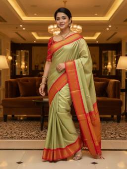 A S CREATION - Women Olive Cotton Silk Kanchipuram with Elegant Traditional Design Saree