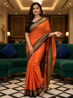 A S CREATION - Women Orange Cotton Silk Kanchipuram with Elegant Traditional Design Saree